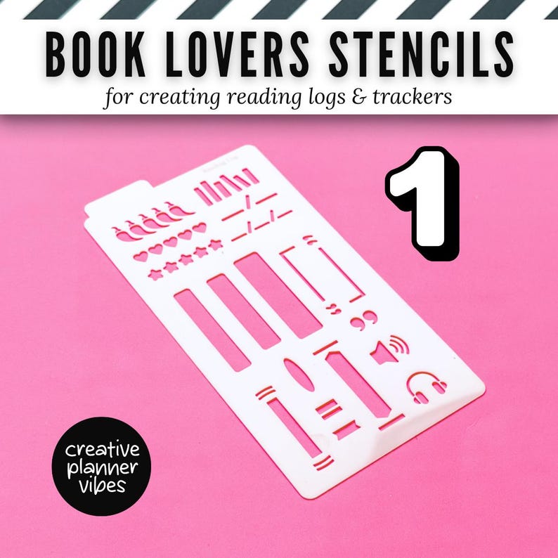 K&ouml;nnte beinhalten: Eine wei&szlig;e Kunststoff-Schablone mit der Aufschrift BOOK LOVERS STENCILS for creating reading logs & trackers. Die Schablone enth&auml;lt Ausstanzungen von B&uuml;chern, Herzen, Sternen, Anf&uuml;hrungszeichen, einem Lautsprecher und Kopfh&ouml;rern, mit der Zahl 1 oben rechts.