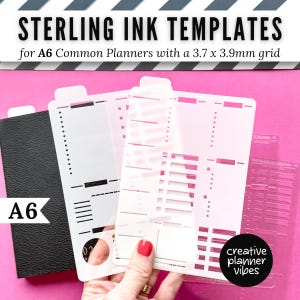 May include: Sterling Ink Templates for A6 Common Planners with a 3.7 x 3.9mm grid. These are translucent, flexible plastic stencils featuring various cut-out shapes, including rectangles, circles, and dotted lines for planner organization.