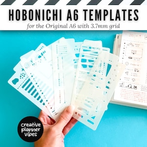 May include: A set of translucent plastic stencils for Hobonichi A6 planners with a 3.7mm grid. The stencils feature various cutouts including weather icons, lines, and shapes. Text on the image reads HOBONICHI A6 TEMPLATES for the Original A6 with 3.7mm grid and creative planner vibes.