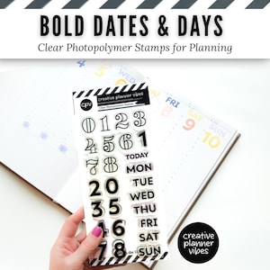 May include: A clear photopolymer stamp set labeled Bold Dates & Days by Creative Planner Vibes. The sheet features outlined numbers zero through nine and the days of the week from Monday to Sunday, plus the word Today, arranged in a vertical grid.