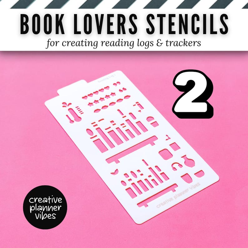 K&ouml;nnte beinhalten: Eine wei&szlig;e Kunststoff-Schablone mit verschiedenen Ausstanzungen f&uuml;r Lesetageb&uuml;cher und Tracker, darunter Buchformen, Herzen, Sterne und Thermometer. Der Text BOOK LOVERS STENCILS for creating reading logs & trackers ist oben deutlich zu sehen.