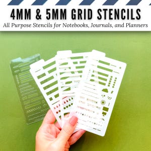 May include: Four rectangular white plastic stencils featuring 4mm and 5mm grid patterns, weather icons, and various shapes. The text 4MM & 5MM GRID STENCILS All Purpose Stencils for Notebooks, Journals, and Planners is printed at the top of the image.