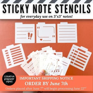 May include: A set of white plastic stencils for 3"x3" sticky notes, featuring various layouts including lined, checklist, and quote box designs. The stencils have tabbed tops and cutouts for writing, bullet points, exclamation marks, and hearts.