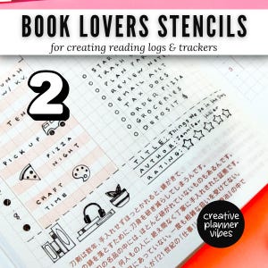 K&ouml;nnte beinhalten: Ein Set von Schablonen f&uuml;r Buchliebhaber zum Erstellen von Leseprotokollen und Trackern auf kariertem Papier. Die Seite zeigt eine gro&szlig;e Zahl 2, eine Aufgabenliste sowie einen Bereich f&uuml;r Buchbewertungen mit Titel, Autor und Sterne-Bewertung.