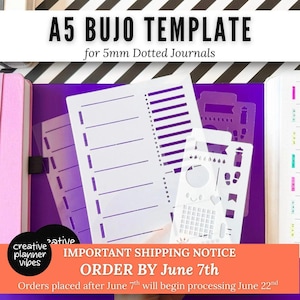 May include: Two white plastic stencils for A5 bullet journals with 5mm dot grids. The larger stencil features horizontal lines and checkboxes, while the smaller one includes icons like water drops, footprints, a heart, and a calendar grid.