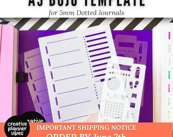 May include: Two white plastic stencils for A5 bullet journals with 5mm dot grids. The larger stencil features horizontal lines and checkboxes, while the smaller one includes icons like water drops, footprints, a heart, and a calendar grid.