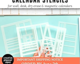 May include: A set of translucent white plastic calendar stencils featuring various rectangular and grid-like cutouts for organizing schedules. The text CALENDAR STENCILS for wall, desk, dry erase & magnetic calendars is visible at the top.