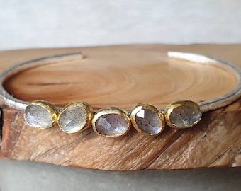 Labradorite cuff- gemstone cuff-multiple labradorite cuff-mixed metal cuff-22k gold cuff-silver cuff- stackable cuff- labradorite bracelet