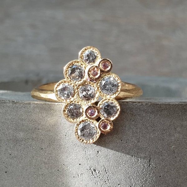 salt and pepper diamond ring-pink sapphire diamond ring-18k gold diamond ring-cluster of diamond ring-organic diamond ring-statement ring