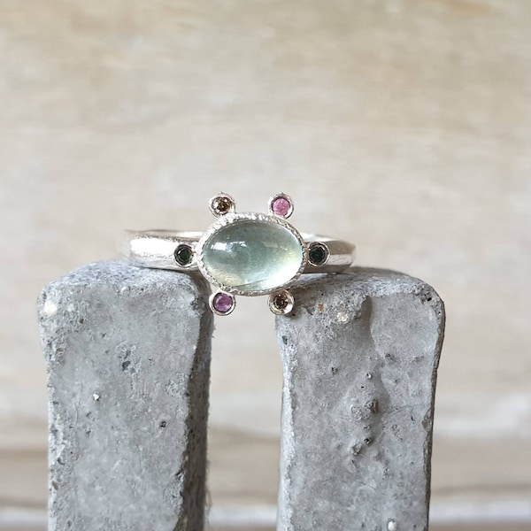 Aquamarine ring-silver aquamarine ring-gemstone ring-multiple stone ring- sapphire ring-blue and cognac diamond ring-stacking ring.