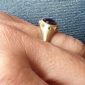 K&ouml;nnte beinhalten: Ein goldener Ring mit einem gro&szlig;en violetten Edelstein, der von kleineren gr&uuml;nen und roten Edelsteinen umgeben ist.