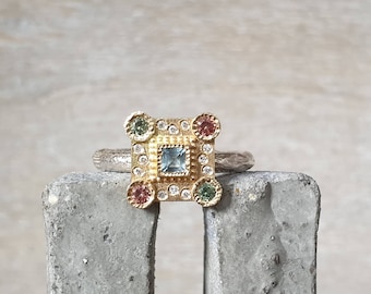 aquamarine ring-orange and green sapphire ring-white diamond ring-18k gold halo,mixed metal ring, silver ring,halo ring, ancient ring