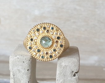 Tourmaline ring- teal blue tourmaline gold ring- blue, white, and cognac diamond ring- yellow sapphire ring- 18k gold signet ring