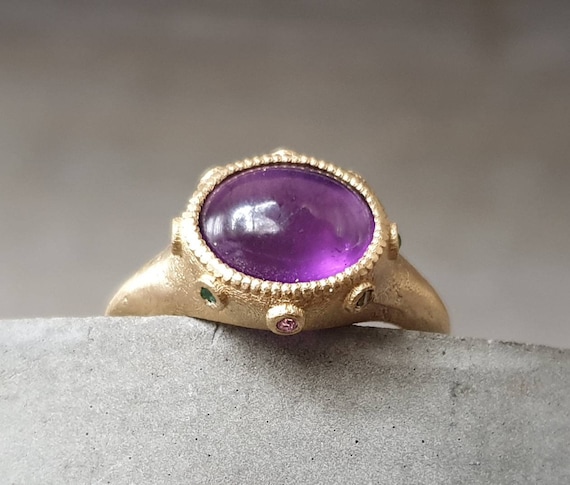 Amethyst ring- solid yellow gold amethyst ring-purple amethyst ring-cocktail ring-gemstone ring-multiple gemstone ring-diamond ring