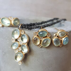 Pu&ograve; includere: Un set di gioielli in pietra di acquamarina composto da una collana con ciondolo, un anello e un paio di orecchini. I gioielli sono in oro e presentano piccoli diamanti rotondi.