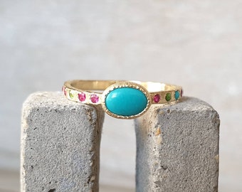 turquoise ring- turquoise gold ring- ruby ring- serpentine ring- multiple gemstone ring- dainty ring-stacking ring- 14k gold ring