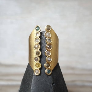 18K solid gold diamond ring-ancient look-cocktail ring-statement ring-open ring-diamond cuff ring-rose cut diamond ring