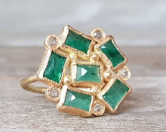 Emerald cluster ring-18k gold emerald ring- cocktail ring-multiple emerald ring-zambian emerald cluster ring-statement ring-diamond ring