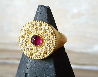 Ruby ring- 18k gold ruby ring- red ruby ring-yellow sapphites ring- diamond ring-royal ring- statement ring-big ring-multiple stone ring