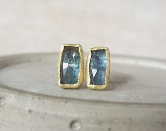 Kyanite slice stud earrings-water colour kyanite earrings-blue green kyanite earrings- 18k gold kyanite rose cut studs