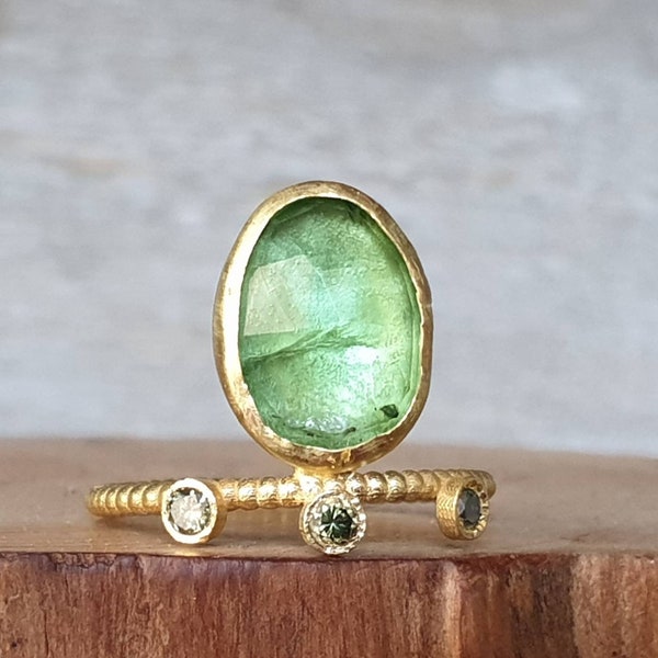 Tourmaline gold ring- 18k solid yellow gold tourmaline ring-green diamond ring-free form green tourmaline rose cut ring-unique ring