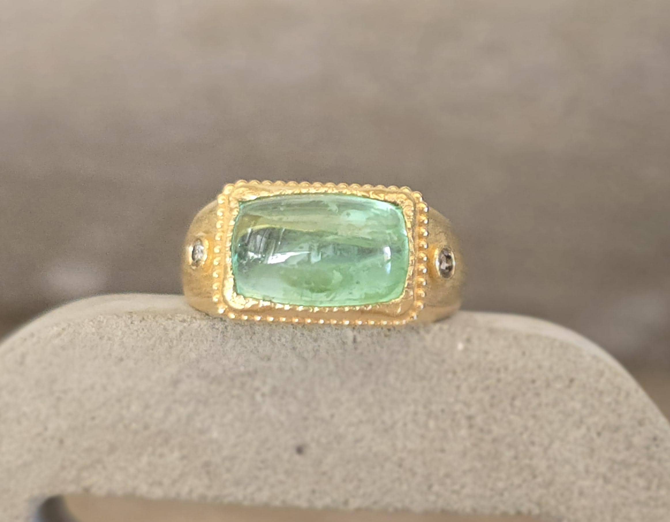 Tourmaline ring- green tourmaline cabochon ring-salt and pepper diamond ring-18k gold ring-unique ring-ancient ring-special ring