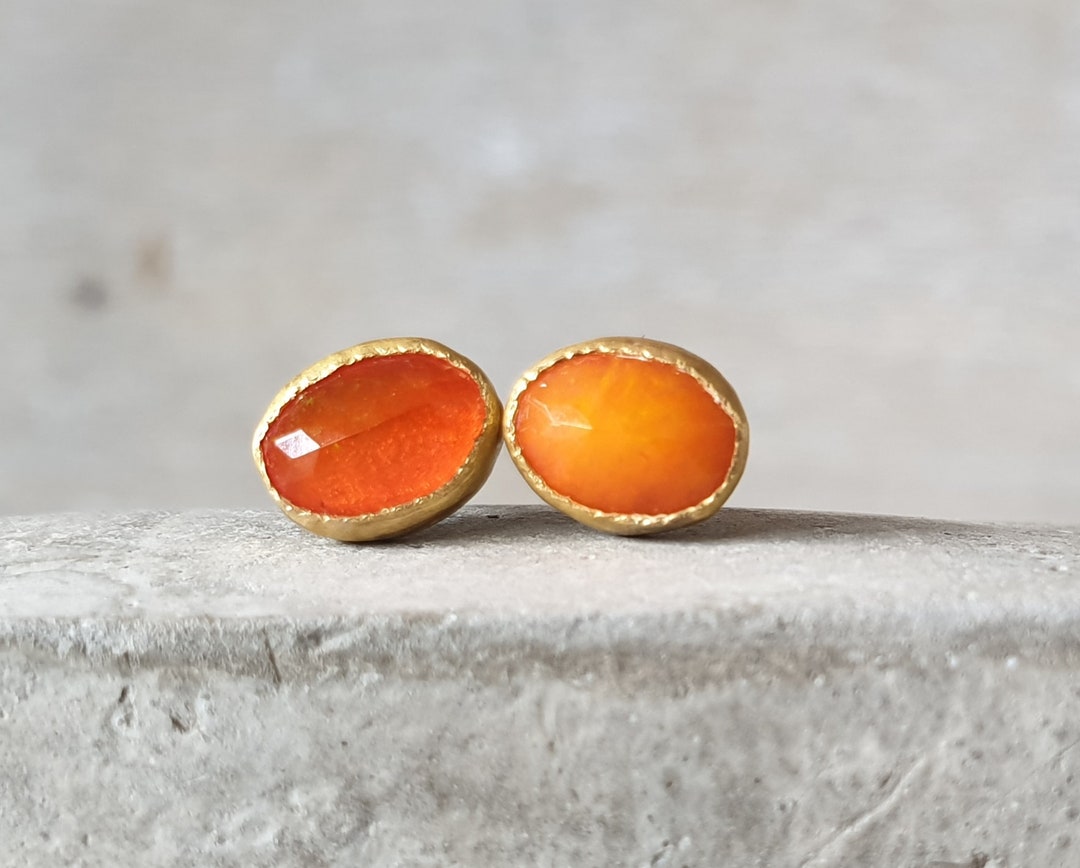 Ethiopian Orange Opal Stud Earrings Opal Earrings Fire Orange Opal