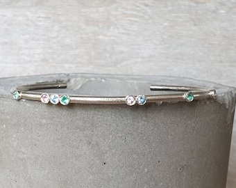 Silver cuff bracelet- solid cuff bracelet-emerald, aquamarine and pink sapphire cuff bracelet- stacking cuff bracelet- silver bracelet