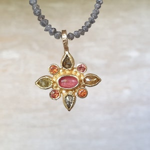 Diamant Anhänger-Rosenschliff Diamant Anhänger-orange Saphir Anhänger-uralter Anhänger-18k Gold Anhänger-einzigartiger Anhänger-Hochzeits Anhänger