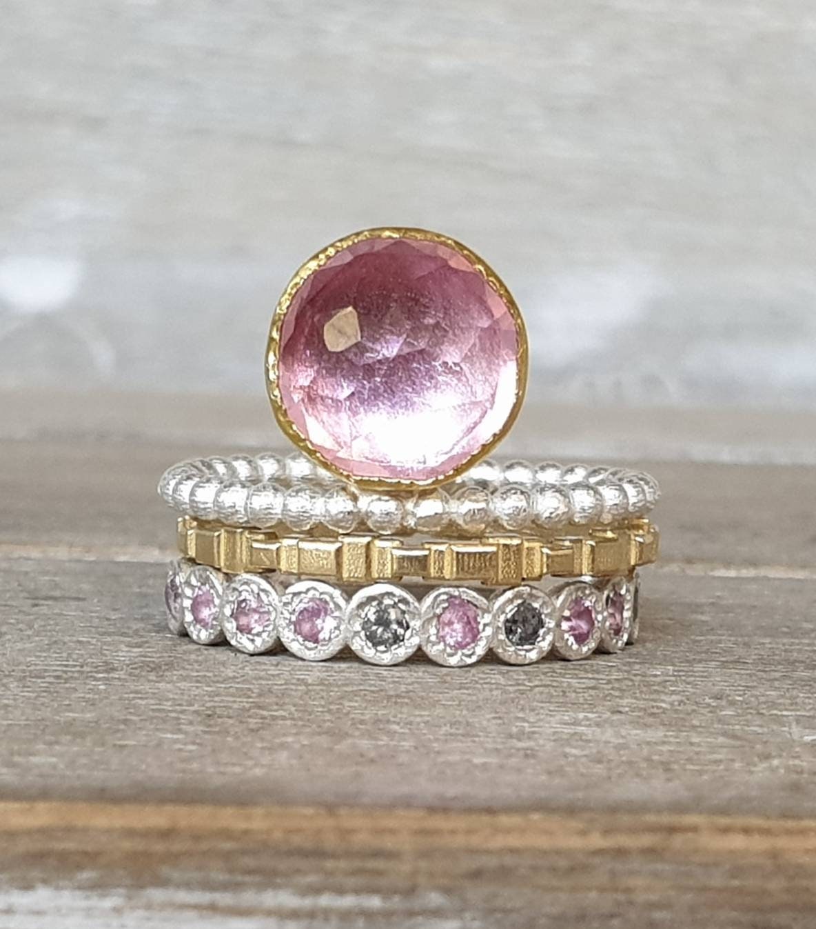 Pink topaz silver ring-salt and pepper diamond and pink sapphires band-silver stacking bands-set of gemstones stacking rings- 22k gold ring