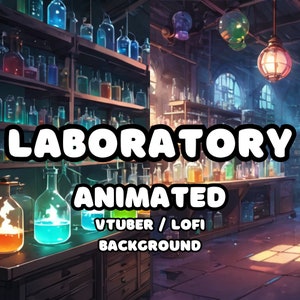 May include: Animated laboratory background with glowing bottles and shelves of glass vials. The text "LABORATORY ANIMATED VTUBER / LOFI BACKGROUND" is displayed on the image.