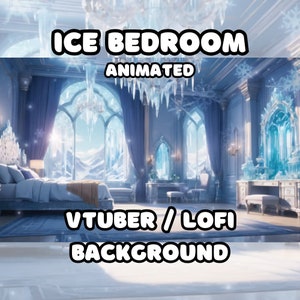 May include: An animated background featuring a large, white bed with blue and white bedding in a room with ice-themed decor. The room has large windows with a view of a snowy landscape. The text "VTUBER / Lofi BACKGROUND" is at the bottom of the image.