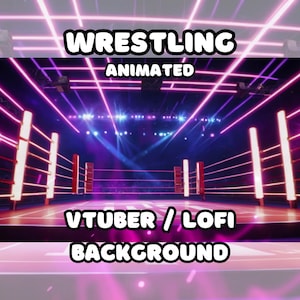 Può includere: Sfondo animato di un ring di wrestling con luci rosa e viola. Il testo "VTUBER / Lofi BACKGROUND" è nella parte inferiore dell'immagine.