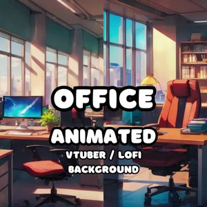 Könnte beinhalten: Animierter Büro-Hintergrund mit einem roten Stuhl, einem Schreibtisch und einem Computer. Der Text "OFFICE ANIMATED VTUBER / LOFI BACKGROUND" ist auf dem Bild zu sehen.