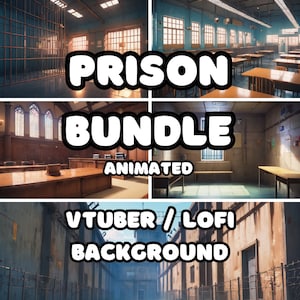 May include: Animated prison background bundle for VTubers and Lofi content creators. The image shows four different scenes: a prison cell, a courtroom, a prison hallway, and a prison yard.