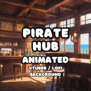 以下が含まれることがあります： VTuberまたはLo-Fiストリーム用の、アニメーション化された海賊をテーマにした背景。画像には、スツール、ボトル、海の景色がある木製のバーが表示されます。画像には「PIRATE HUB ANIMATED VTUBER / LOFI BACKGROUND」と書かれています。