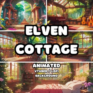 Può includere: Un'illustrazione digitale di un cottage animato con un tetto verde, circondato da una vegetazione lussureggiante e fiori. Il cottage ha più stanze, tra cui una camera da letto con un letto, un soggiorno con un pianoforte e una cucina con un tavolo e sedie. Il testo "ELVEN COTTAGE ANIMATED VTUBER / LOFI BACKGROUND" è visualizzato sull'immagine.