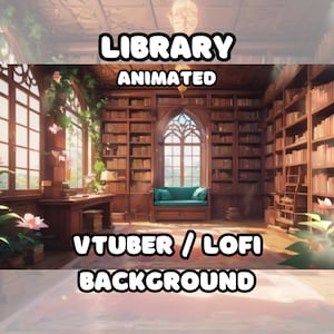Pode incluir: Uma ilustração digital de uma biblioteca com estantes, uma janela e um sofá. O texto "LIBRARY ANIMATED VTUBER / LOFHI BACKGROUND" está na parte inferior da imagem.