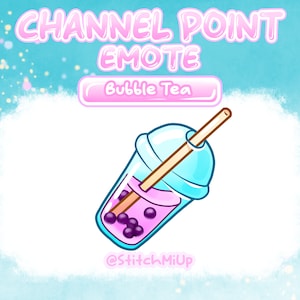 May include: A cartoon illustration of a pink and blue bubble tea with a straw, on a white background with the text "Bubble Tea" and "StitchMiUp" in pink.