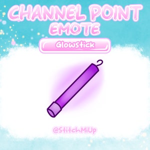 May include: A purple glowstick with a white cap and a hook on the top. The glowstick is glowing and has a white outline. The text "Glowstick" is in a pink box above the glowstick. The text "@StitchMiUp" is below the glowstick.