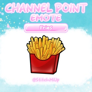 Könnte beinhalten: Eine Cartoon-Illustration einer roten Schachtel Pommes Frites. Der Text "Fries" befindet sich über der Schachtel. Der Text "CHANNEL POINT EMOTE" befindet sich oben im Bild. Der Text "@StitchMiUp" befindet sich unten im Bild.
