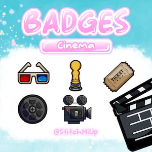 6 Cinema Movie Sub & Bit Badges or Channel Points  for Twitch Stream Discord Youtube ll Movie Theater Themed Badges