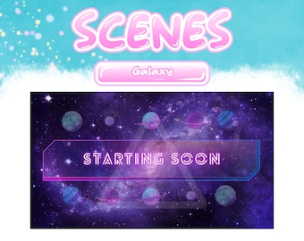 Paquete de escenas animadas de transmisión de galaxias en Twitch, Youtube: comienza pronto / Ya vuelvo / Fin de la transmisión: espacio, astronomía, luna, planetas y sueños