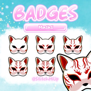 Kitsune Mask Twitch Badges – 6 Sub & Bit Badges | Anime Fox Mask | Japanese Theme for Discord, YouTube, Streamers