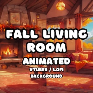 Può includere: Illustrazione animata di un accogliente soggiorno con camino, divano e foglie autunnali. Il testo "FALL LIVING ROOM ANIMATED VTUBER / LOFI BACKGROUND" è visualizzato sull'immagine.