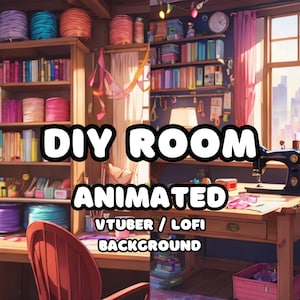 Puede incluir: Un fondo animado colorido que presenta una habitación con una máquina de coser, un escritorio, una silla y estanterías llenas de libros e hilo. El texto "DIY ROOM ANIMATED VTUBER / LOFI BACKGROUND" se muestra en la imagen.