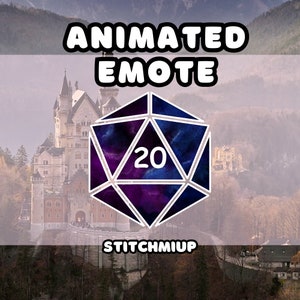 Puede incluir: Gráfico de emote animado que presenta un dado de veinte caras con un diseño temático espacial en tonos de azul, morado y blanco. El número 20 se muestra en blanco. También se muestran las palabras "ANIMATED EMOTE" y "STITCHMIUP".