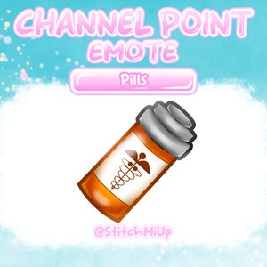 May include: A cartoon illustration of a brown pill bottle with a silver lid and a white medical symbol. The text "Pills" is on a pink banner above the bottle. The text "@stitchmiup" is at the bottom of the image.