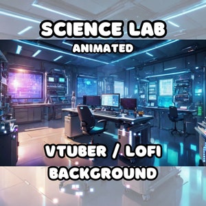 Puede incluir: Un laboratorio científico futurista con luces azules brillantes, pantallas de ordenador y un escritorio con una silla. El texto "SCIENCE LAB ANIMATED VTUBER / LOFI BACKGROUND" se muestra en la imagen.