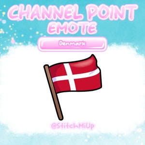 Könnte beinhalten: Eine Cartoon-Illustration der dänischen Flagge, rot mit einem weißen Kreuz, auf einem Holzmast. Die Flagge weht im Wind. Der Text "CHANNEL POINT EMOTE" und "Denmark" befindet sich über der Flagge. Der Text "@stitchmiup" befindet sich unter der Flagge.
